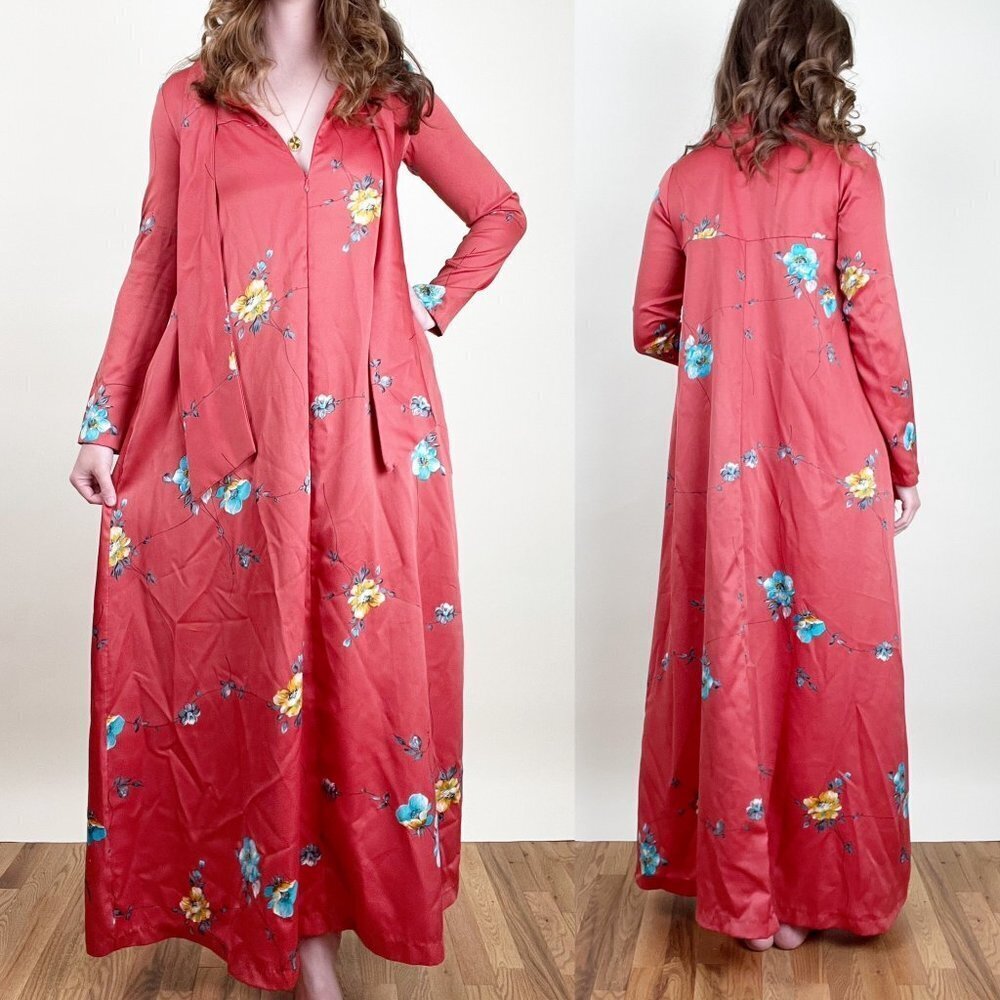 Vintage 50s 60s Maxi Dress House Coat Cover Up Duster Floral Mid Century Modern - Picture 2 of 4
